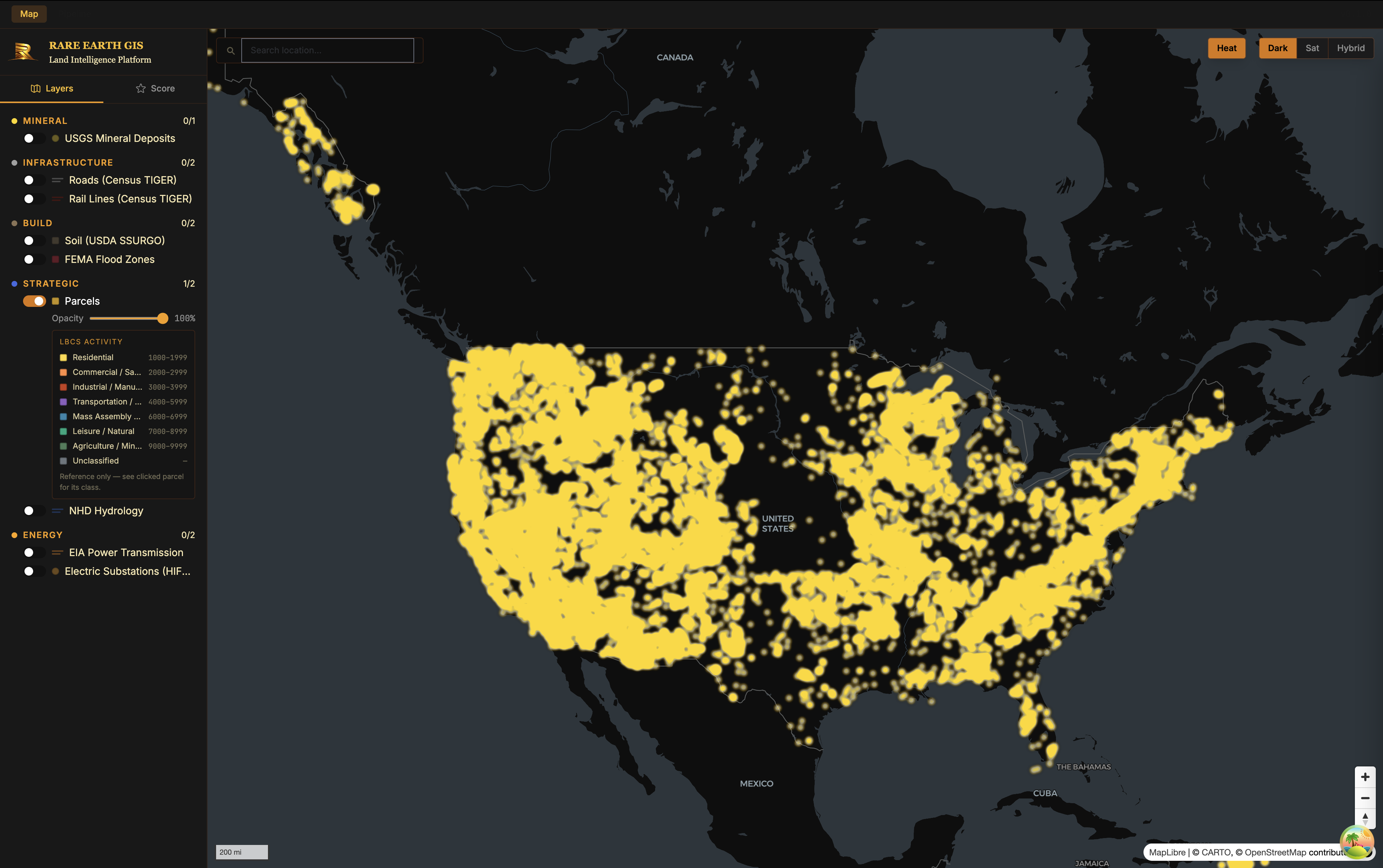 Rare Earth GIS country-zoom view showing millions of U.S. land parcels rendered alongside layer toggles for mineral deposits, infrastructure, build constraints, strategic data, hydrology, and energy.